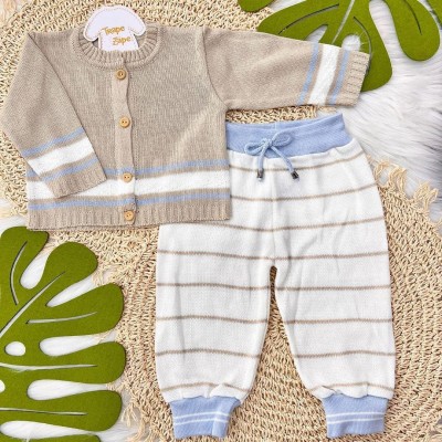 Conjunto de Linha Bege Listrinha - Azul Claro Calça Listrada